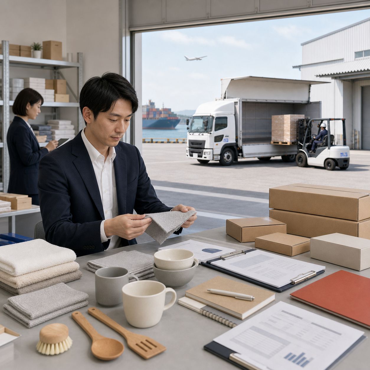 生活用品の商品選定と品質確認を中心に、日本国内の倉庫・輸送業務が支える総合貿易のイメージ